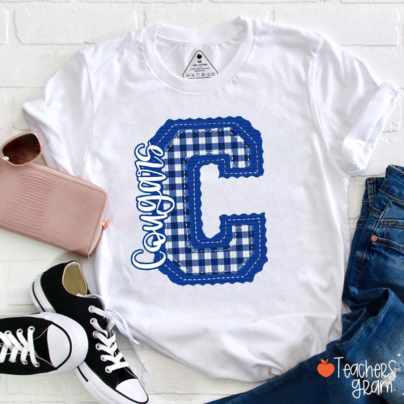 Personalized School Mascot Gingham Scalloped Letter Teacher T-Shirt