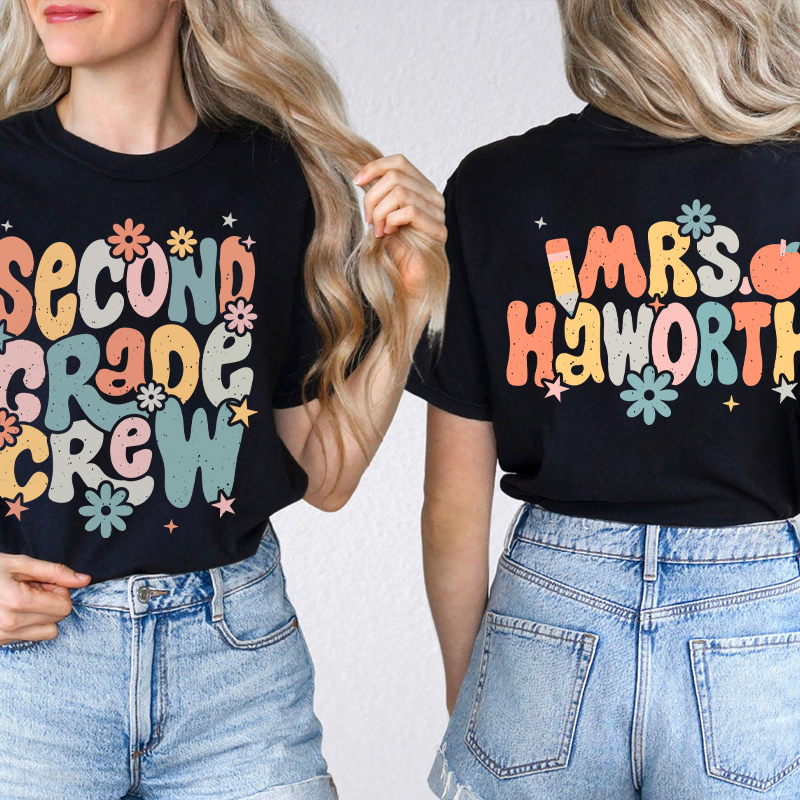 Personalized Name And Grade Bloom Flowers Teacher Two Sided T-Shirt