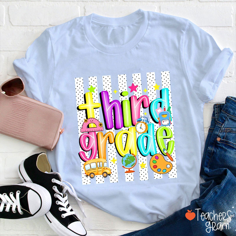 Personalized Spotted Striped School Supplies Teacher T-Shirt