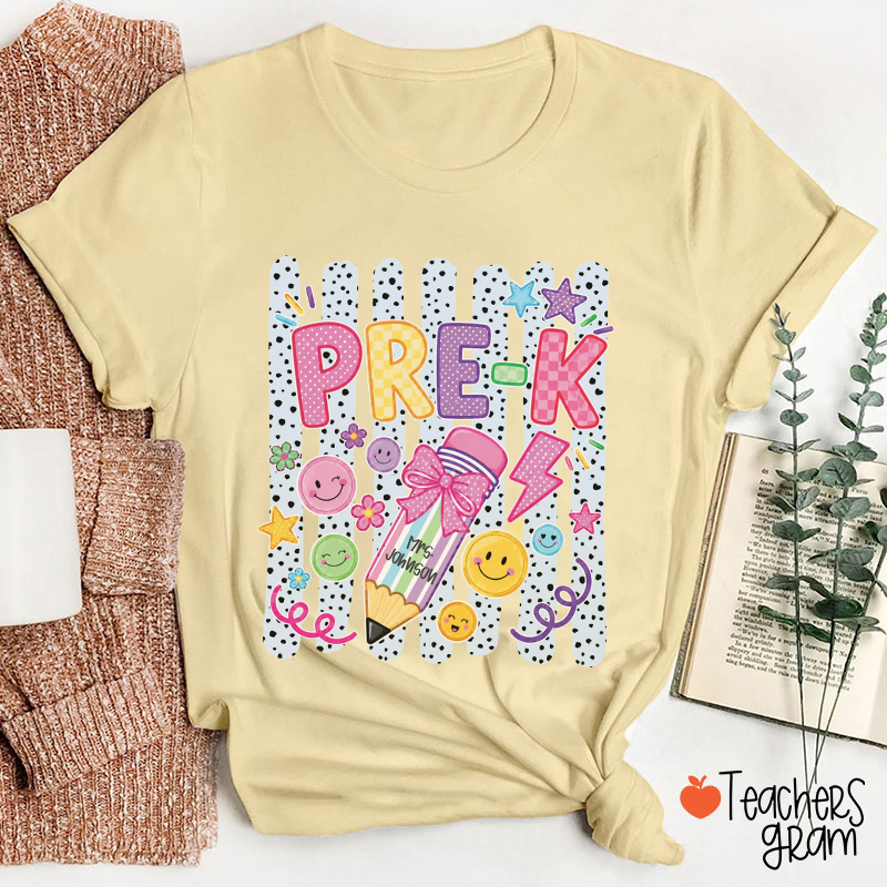 Personalized Spotted Blue Striped Teacher T-Shirt