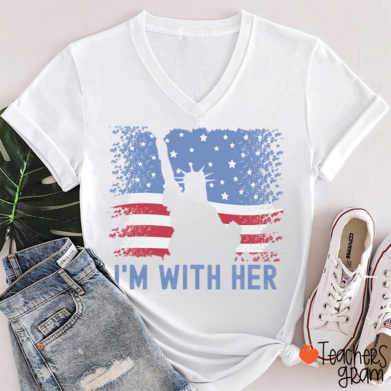 America Flag I'm With Her Teacher Female V-Neck T-Shirt