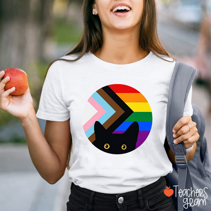 Rainbow And Black Cat Teacher T-Shirt
