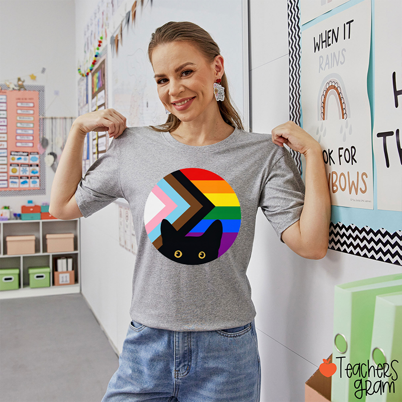 Rainbow And Black Cat Teacher T-Shirt