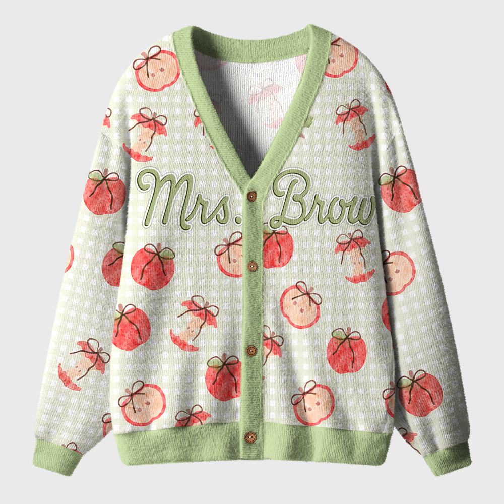 Personalized Name Apple Gingham Teacher Ugly Cardigan Sweaters