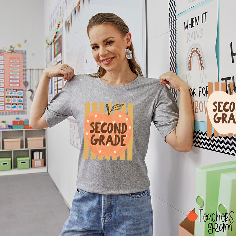 Personalized Grade Heart Apple Vertical Stripe Teacher T-Shirt