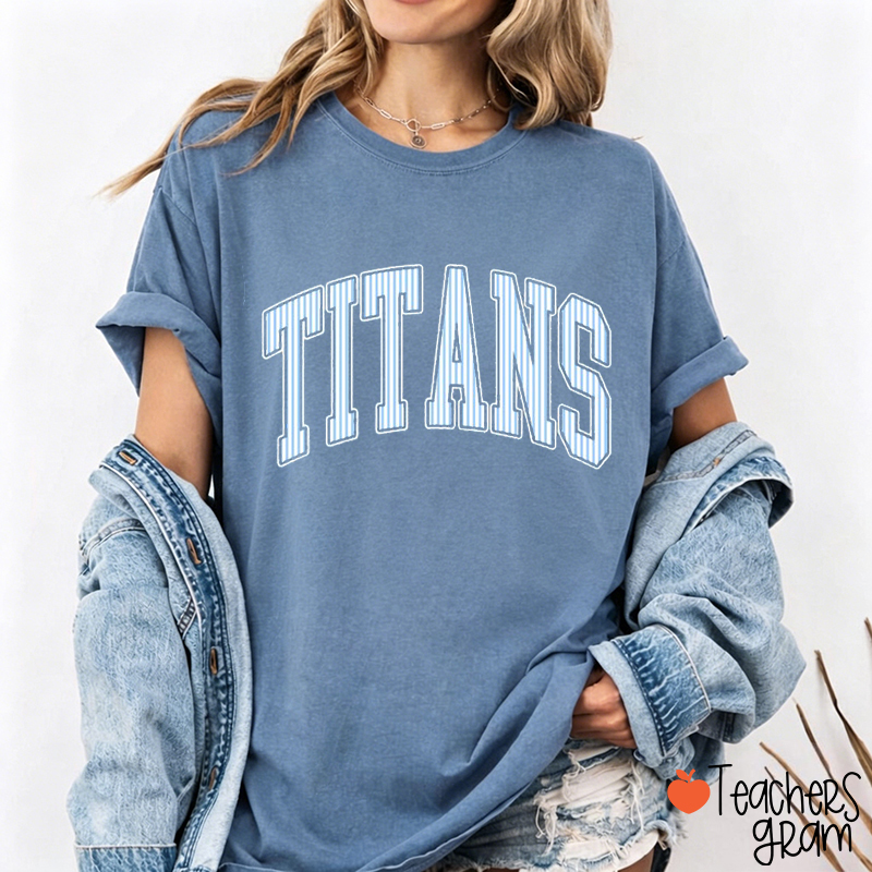 Personalized Mascot Striped Varsity Letter Teacher T-Shirt
