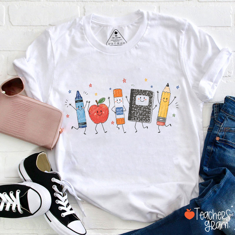 Cute Anthropomorphic School Supplies Teacher T-Shirt