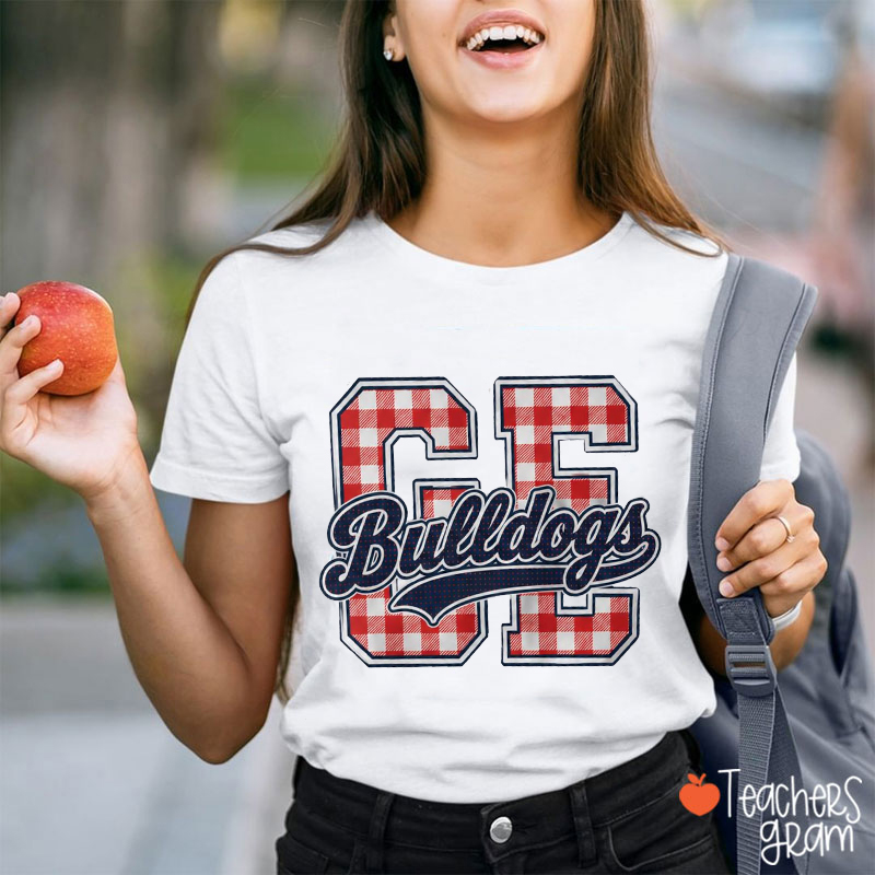 Personalized School Mascot Gingham Varsity Letter Teacher T-Shirt