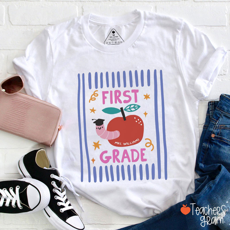 Personalized Grade And Name Striped Caterpillar Teacher T-Shirt