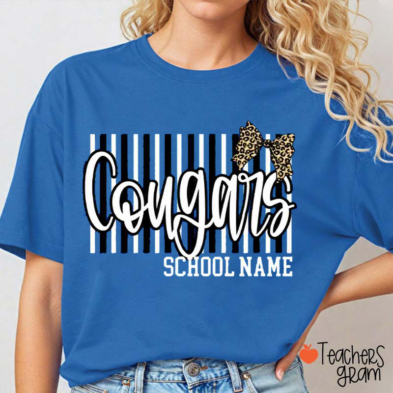 Personalized School Mascot Stripe Leopard Bow Teacher T-Shirt