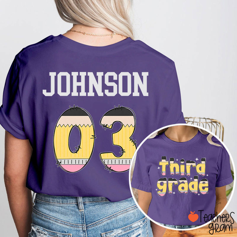 Personalized Pencil Pattern Letters And Numbers Teacher Two Sided T-Shirt