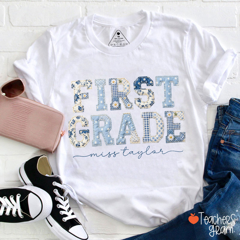 Personalized Grade And Name Faux Patchwork Teacher T-Shirt