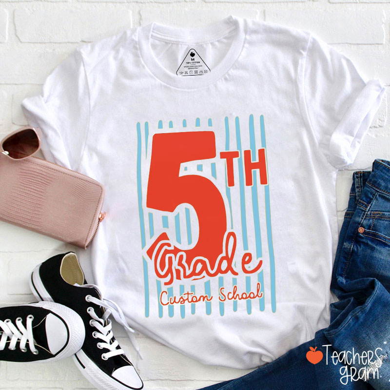 Personalized Grade And Scool Name Striped Teacher T-Shirt