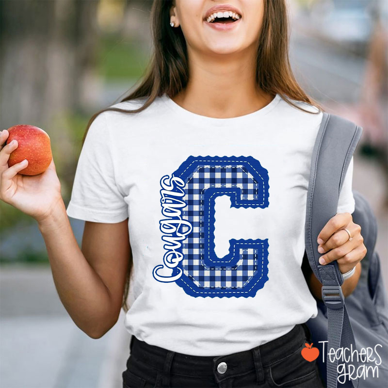 Personalized School Mascot Gingham Scalloped Letter Teacher T-Shirt