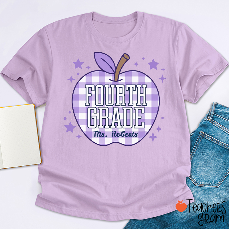 Personalized Name Grade Gingham Apple Star Teacher T-Shirt