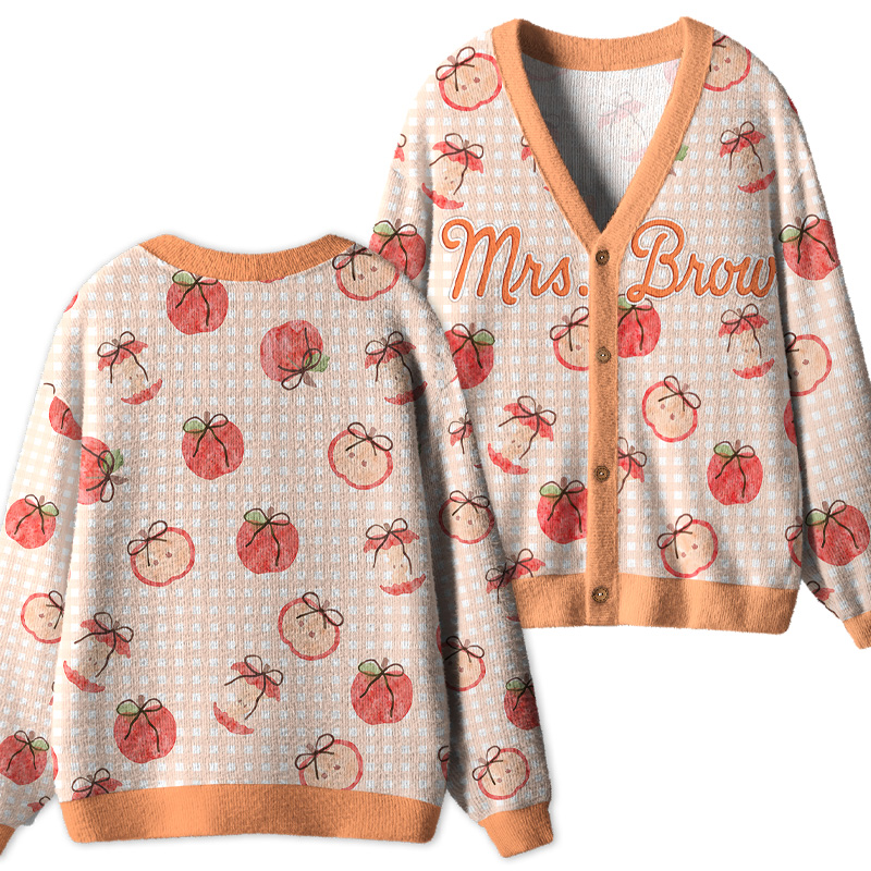 Personalized Name Apple Gingham Teacher Ugly Cardigan Sweaters