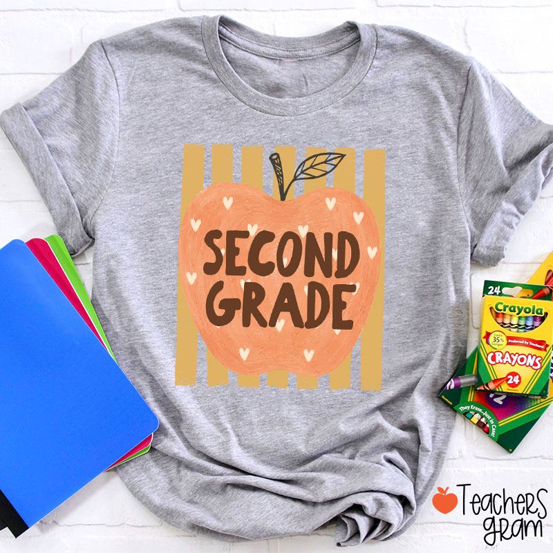 Personalized Grade Heart Apple Vertical Stripe Teacher T-Shirt