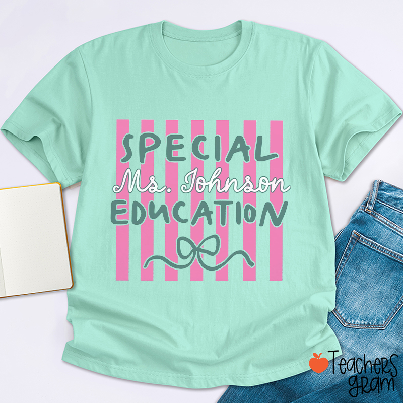 Personalized Name Stripes And Bow Special Education Teacher T-Shirt
