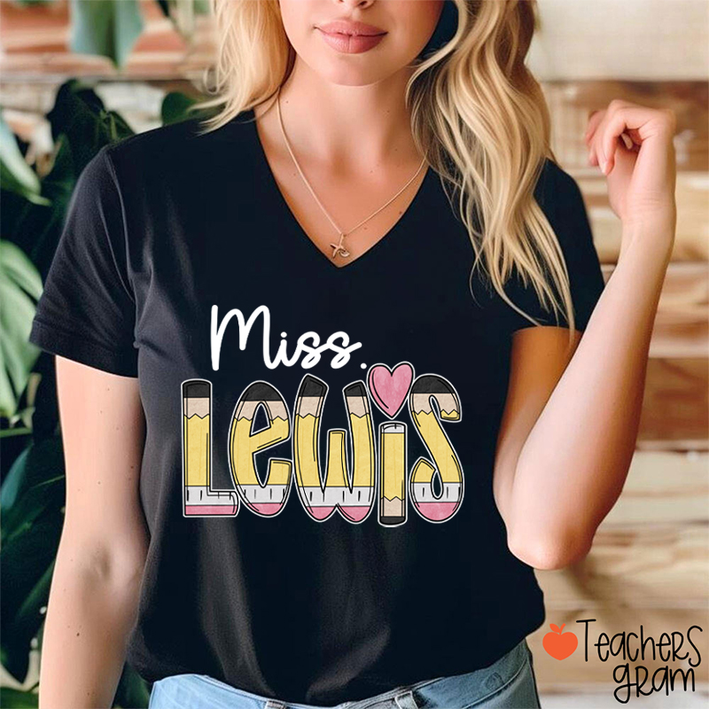 Personalized Pencil Name Teacher Female V-Neck T-Shirt