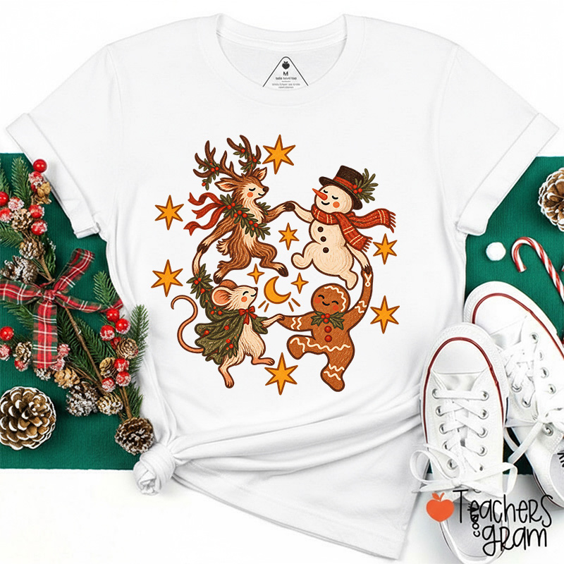 Dancing Christmas Friends Vintage Teacher T-Shirt