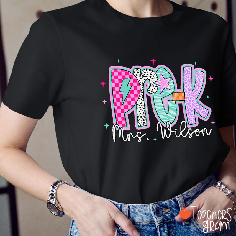 Personalized Neon Disco Pattern Font Teacher T-Shirt