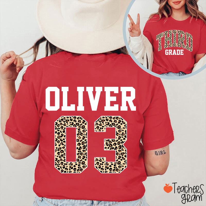 Personalized Grade Name Leopard Print Number Teacher Two Sided T-Shirt