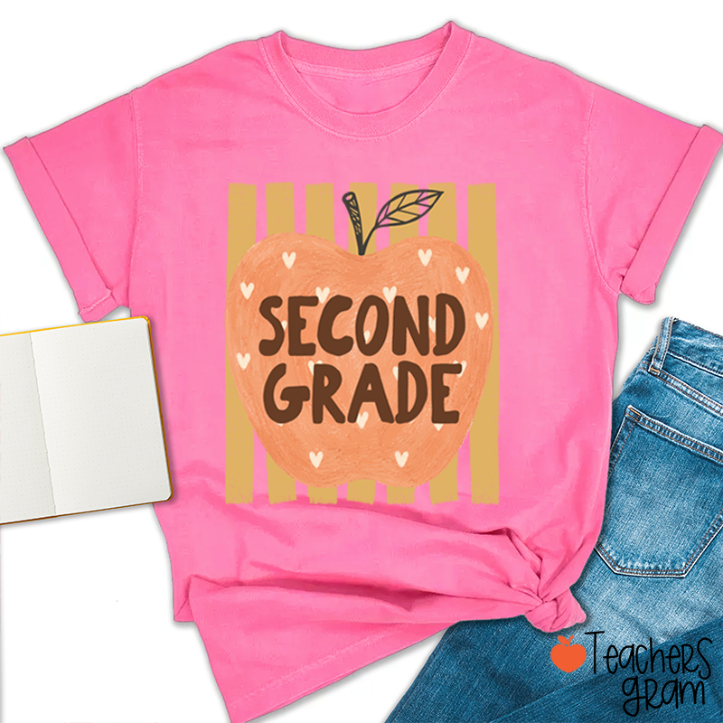 Personalized Grade Heart Apple Vertical Stripe Teacher T-Shirt