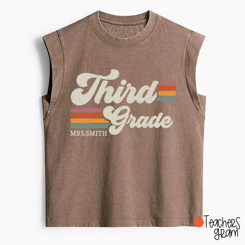 Personalized Grade And Name Retro Horizontal Stripes Teacher Washed Tank Top