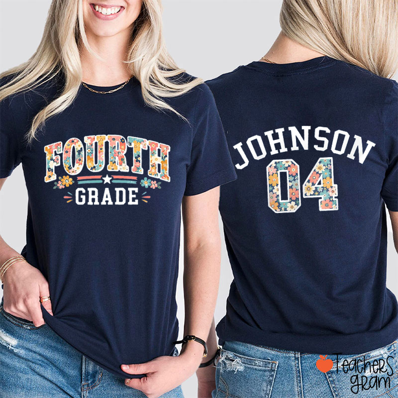 Personalized Name And Grade Team Squad Flower Teacher Two Sided T-Shirt