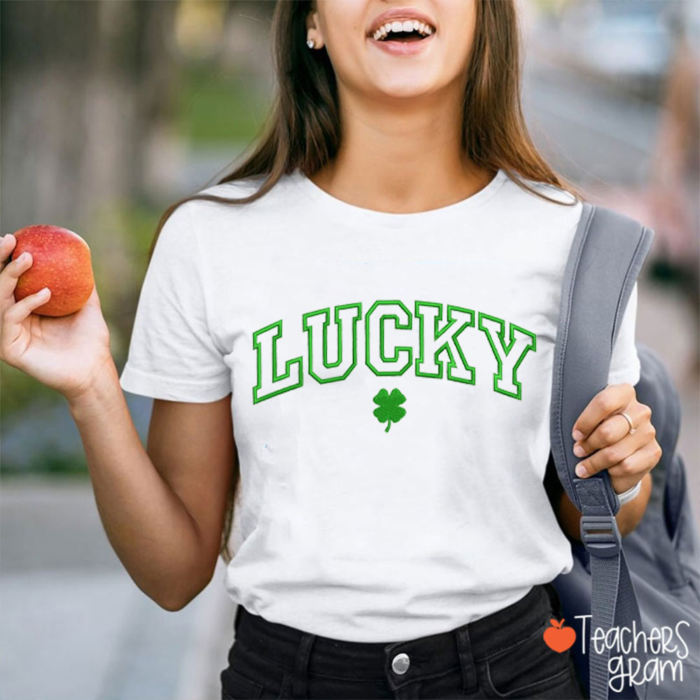 Lucky Four-Leaf Clover Embroidery Teacher T-Shirt