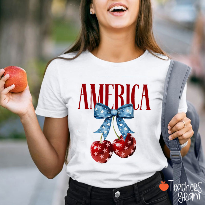 American Cherries Bow Teacher T-Shirt