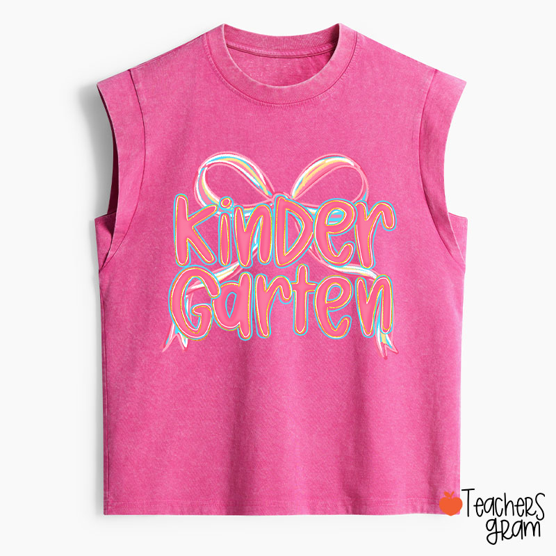 Personalized Grade Pink Bow Teacher Washed Tank Top
