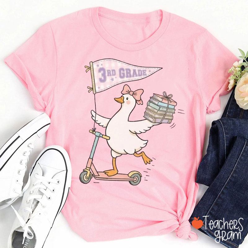 Personalized Grade Scooter Silly Goose Pennant Book Stack Teacher T-Shirt
