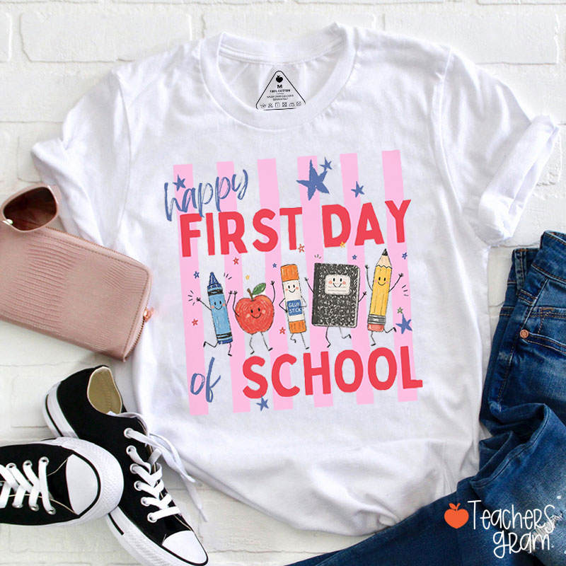 Happy First Day Of School Cute Cartoon Stationery Graphic Teacher T‑Shirt