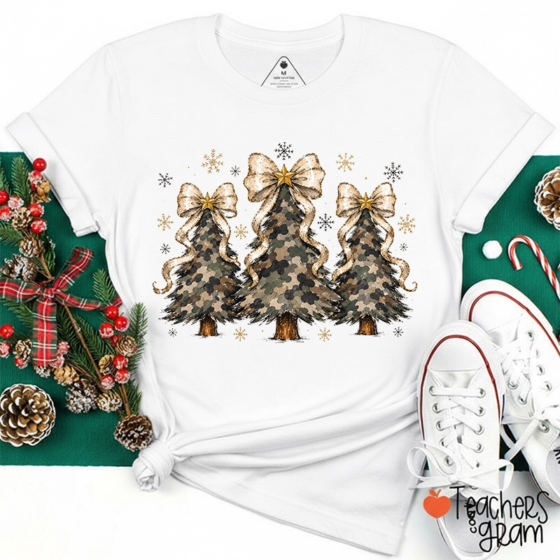 Camoflage Bow Christmas Trio Teacher T-Shirt
