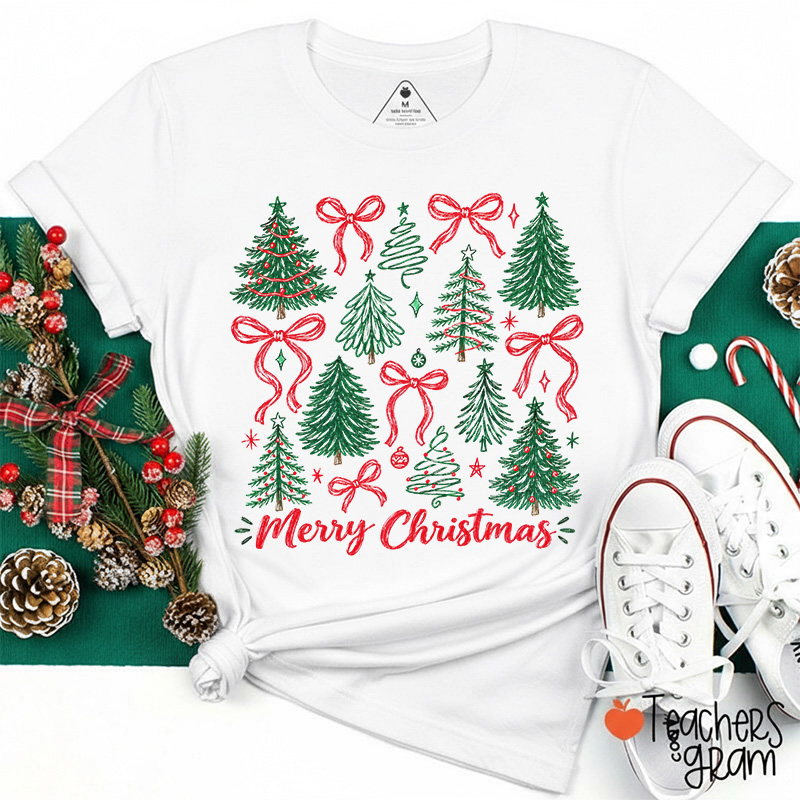 Hand Drawn Christmas Tree Red Bow Merry Christmas Teacher T-Shirt