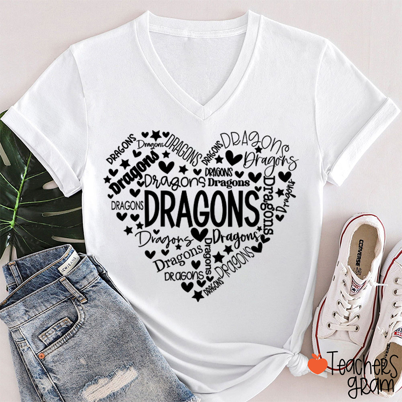 Personalized Mascot Heart Teacher Female V-Neck T-Shirt