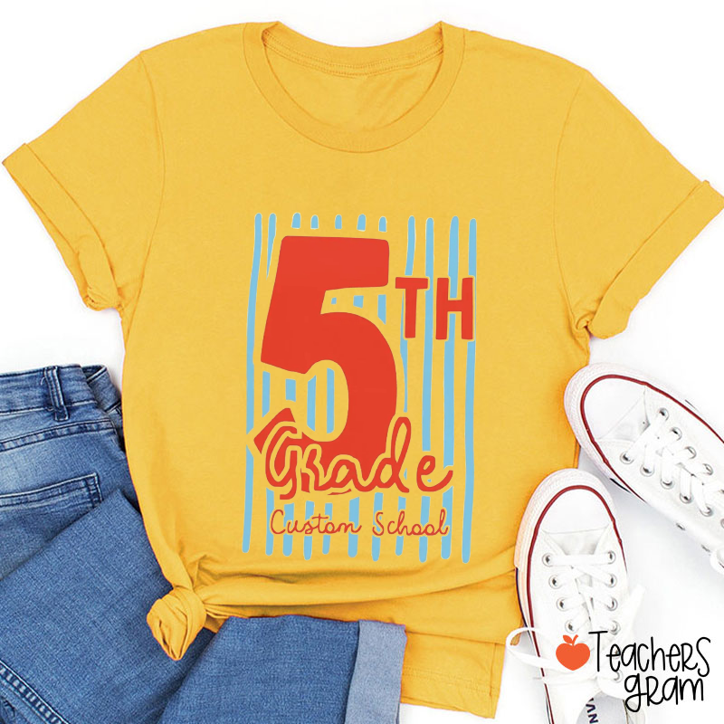 Personalized Grade And Scool Name Striped Teacher T-Shirt