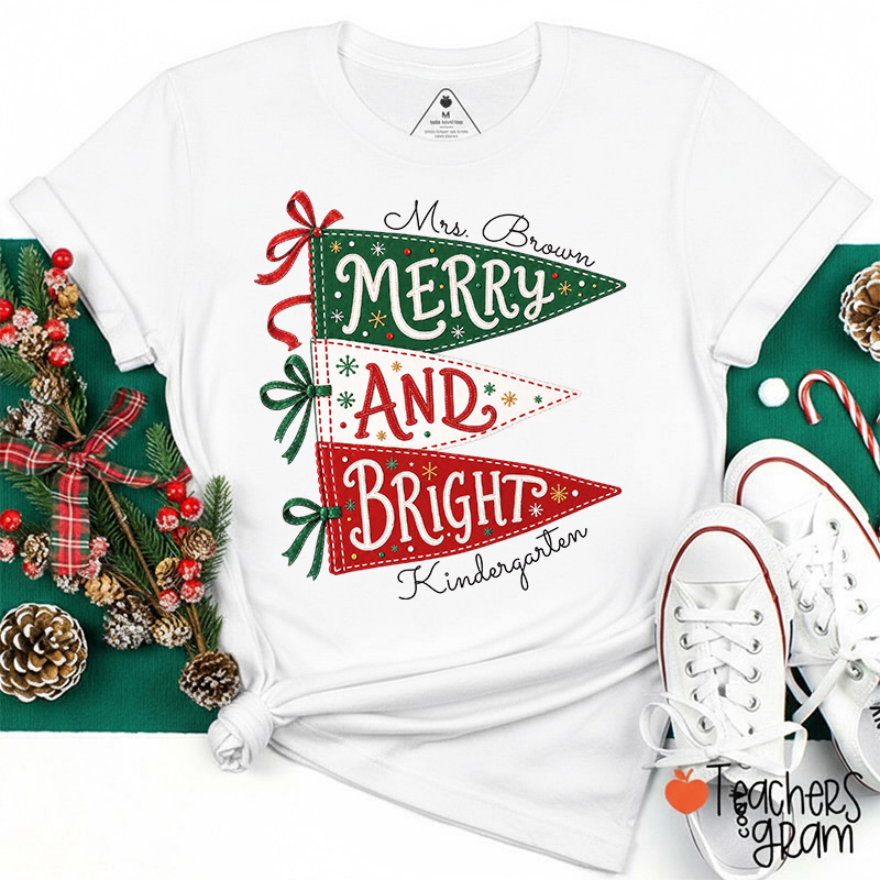Personalized Name And Grade Merry And Bright Teacher T-Shirt