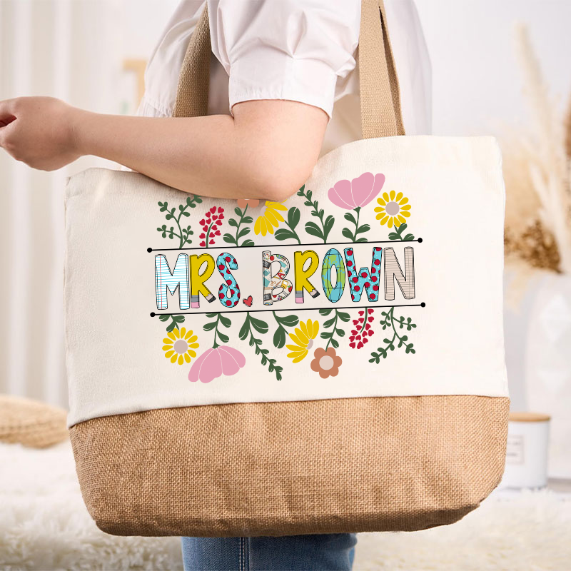 Personalized A Cluster Of Blooming Flowers Teacher Canvas Tote Bag
