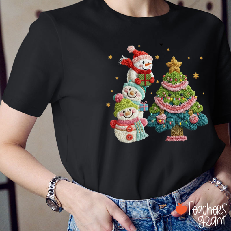 Faux Yarn Cute Snowman And Christmas Tree Teacher T-shirt