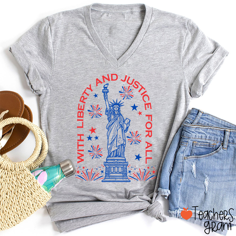 With Liberty And Justice For All Teacher Female V-Neck T-Shirt