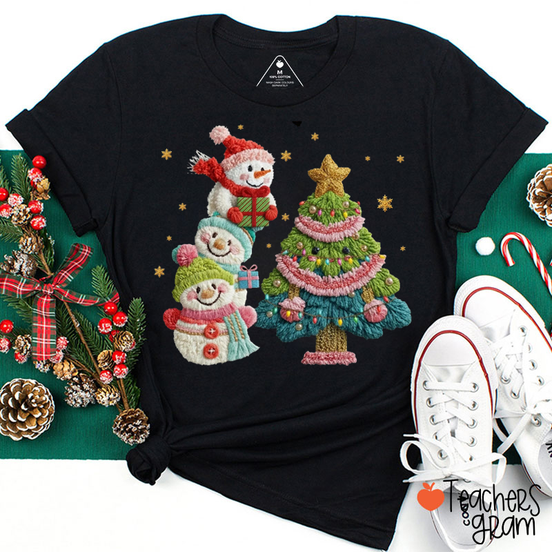 Faux Yarn Cute Snowman And Christmas Tree Teacher T-shirt