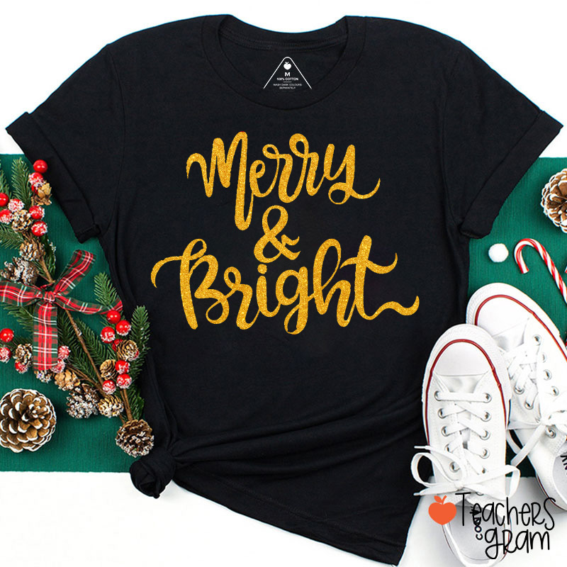 Personalized Color Hand Lettered Merry And Bright Teacher T-Shirt