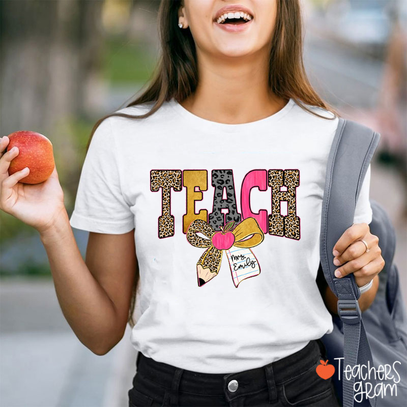 Personalized Wild Leopard Bow Tie Teacher T-Shirt