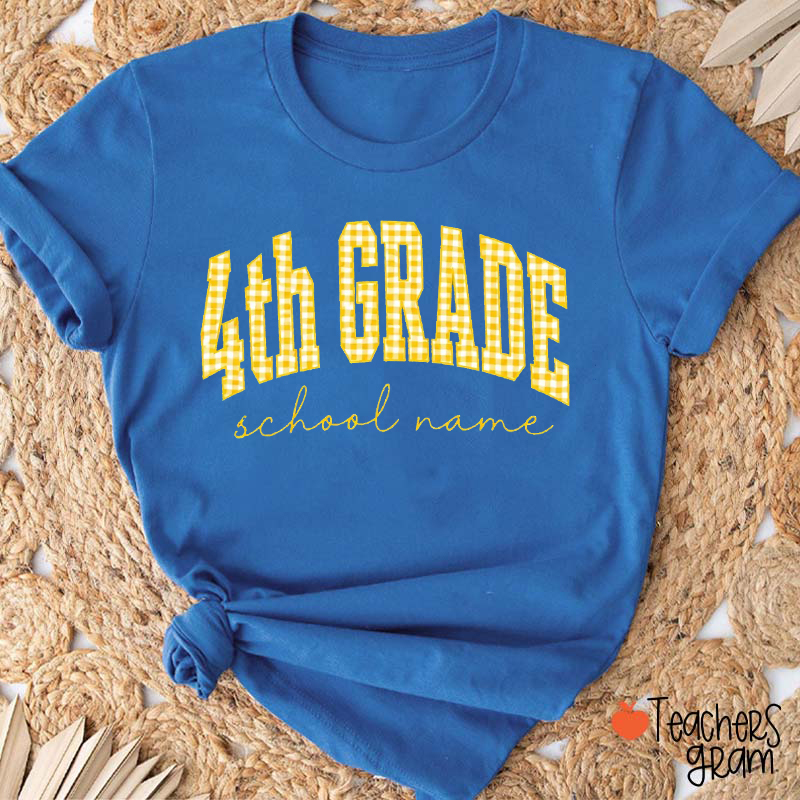 Personalized Grade And School Name Gingham Arch Letter Teacher T-Shi