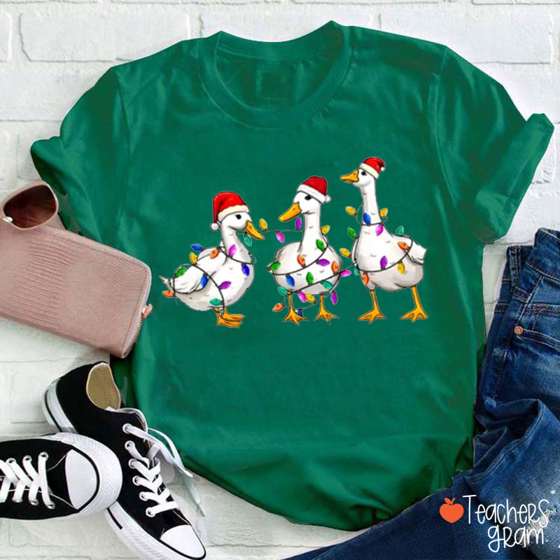 Christmas Ducks With Colorful Lights Teacher T-Shirt