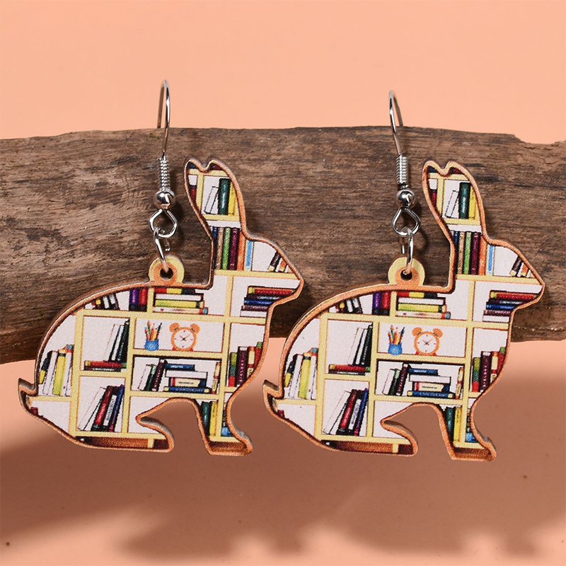Bookcase Rabbit Teacher Wooden Earrings