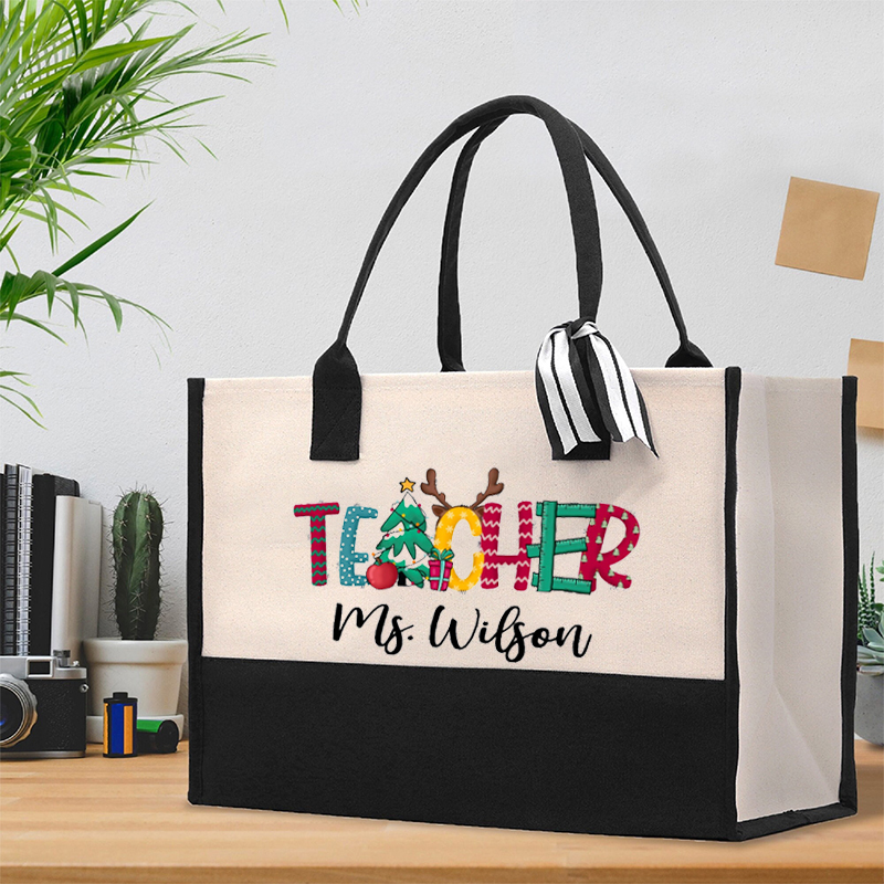 Personalized Name Merry Christmas Teacher Cotton Tote Bag