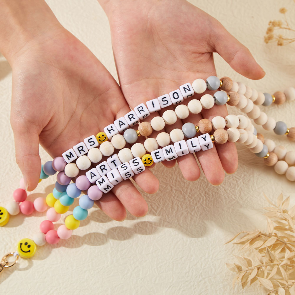 Personalized Rainbow Beads Smiley Face Teacher  Lanyard